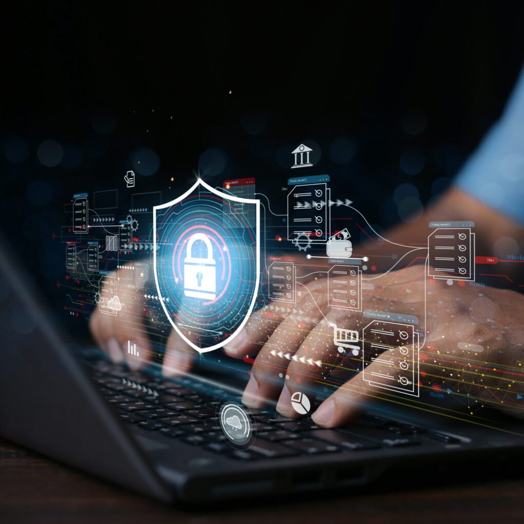 Online documentation database, IT consultant being set up Virtual Document Management System with a laptop, Software for archiving corporate files.